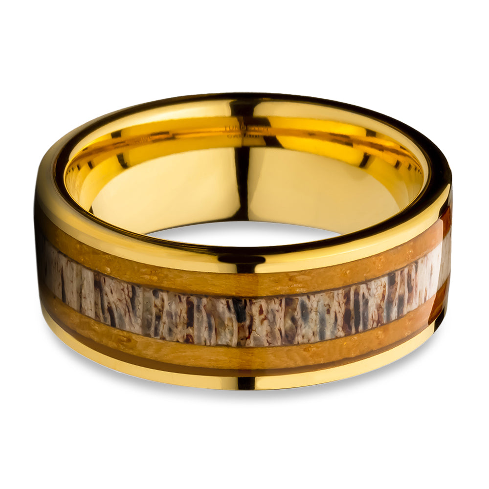 Yellow Gold Tungsten Ringb 8mm Wedding Ring Deer Antler Wedding Ring