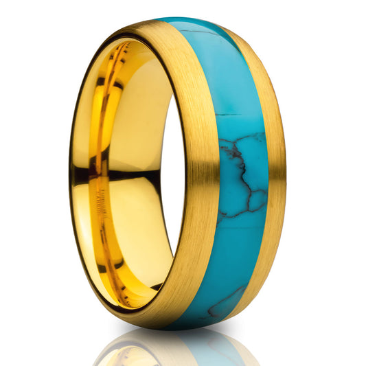 Yellow Gold Wedding Ring Tungsten Wedding Ring 8mm Wedding Ring Turquoise