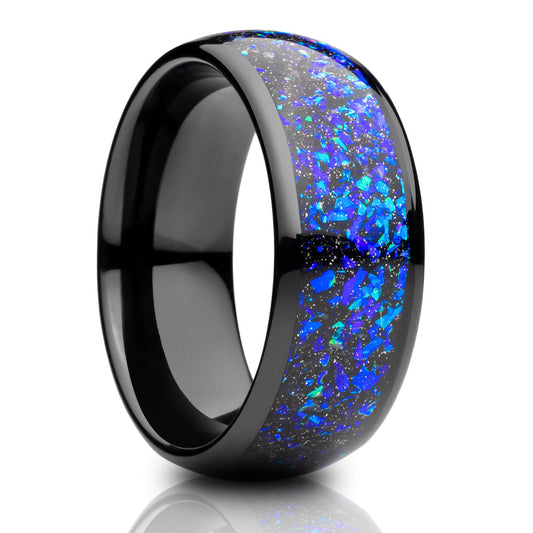 8mm Galaxy Opal Wedding Ring Black Wedding Ring Opal Ring