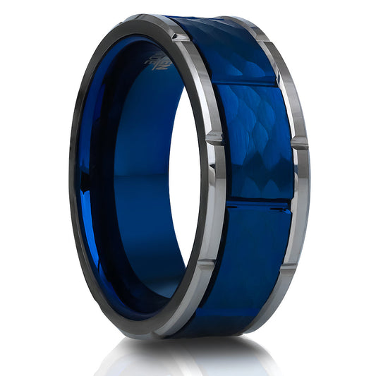 Blue Tungsten Wedding Ring 8mm Wedding Ring Hammered Wedding Ring Silver Ring