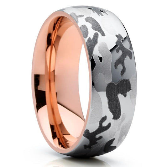 Rose Gold Tungsten - Camouflage Ring - Tungsten Wedding Band - Camo Ring - Clean Casting Jewelry 