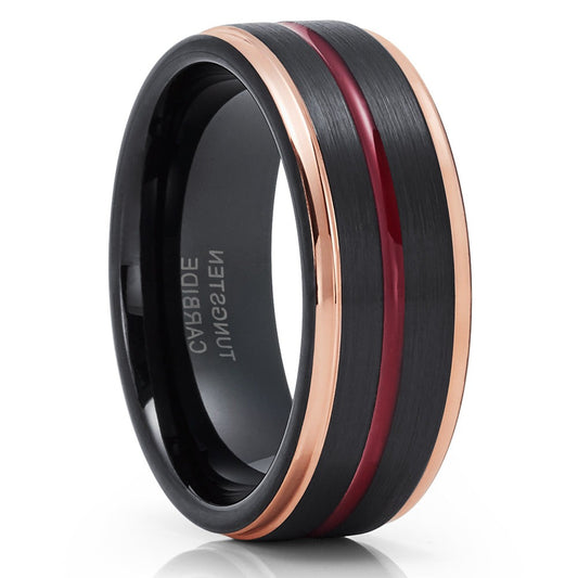 Maroon Wedding Ring,Black Tungsten Ring,8mm Wedding Ring,Rose Gold Tungsten Ring,Engagement Ring