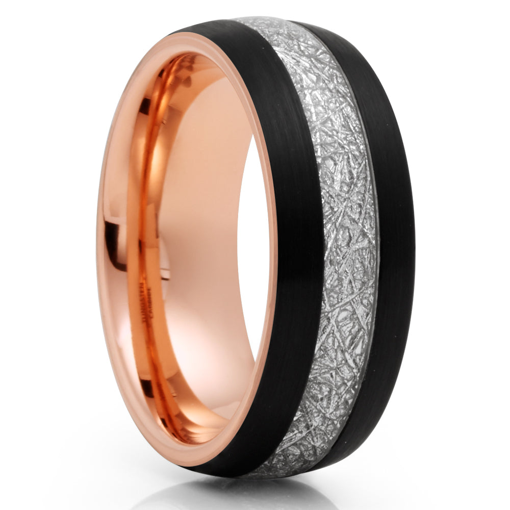 Meteorite Wedding Ring,Rose Gold Tungsten Ring,Engagement Ring,8mm Wedding Ring,Black Wedding Rin