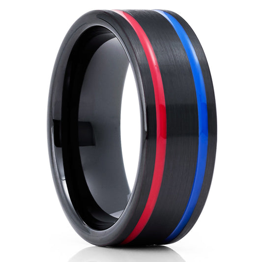 Black Tungsten Wedding Ring 8mm Wedding Ring Red Wedding Band Blue Ring