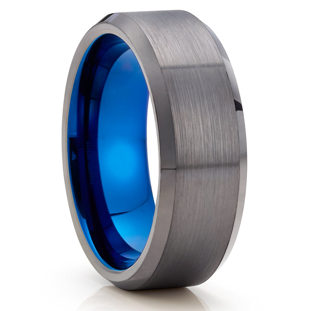 Gunmetal Tungsten Ring,Engagement Ring,8mm Wedding Ring,Blue Wedding Ring,Unique Tungsten Ring,Brush