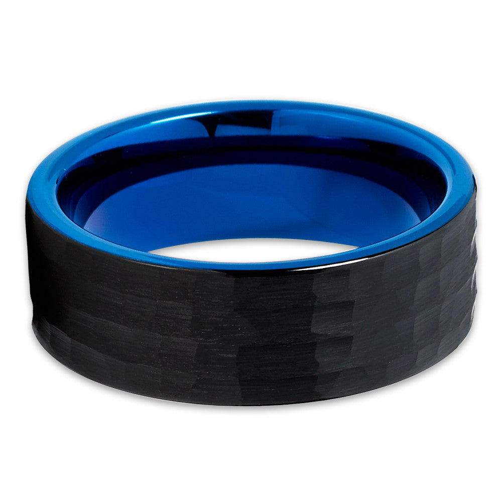 Blue Tungsten Wedding Ring Hammered Wedding Ring 8mm Black