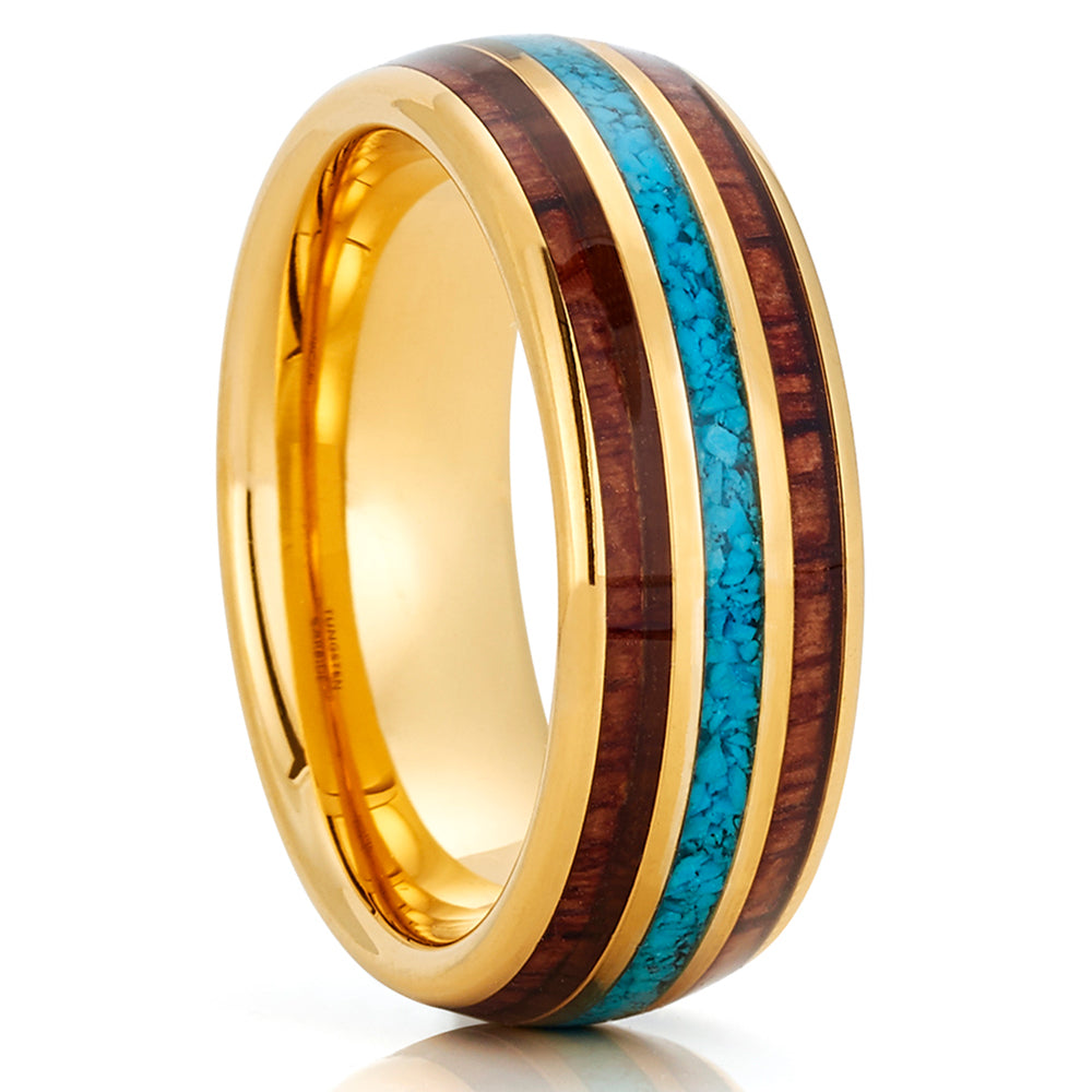 Yellow Gold Tungsten Ring Koa Wood Wedding Ring Turquoise Ring