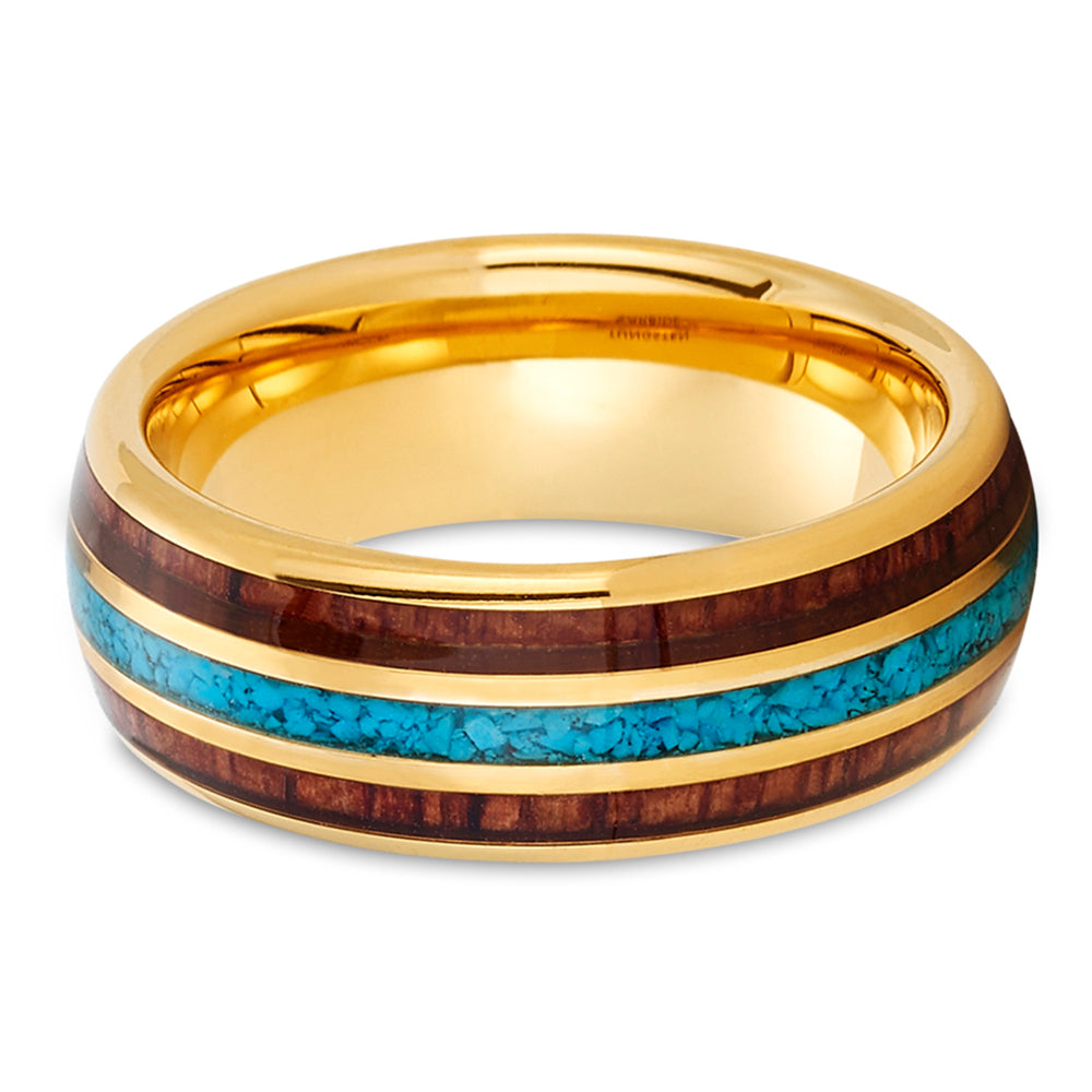 Yellow Gold Tungsten Ring Koa Wood Wedding Ring Turquoise Ring
