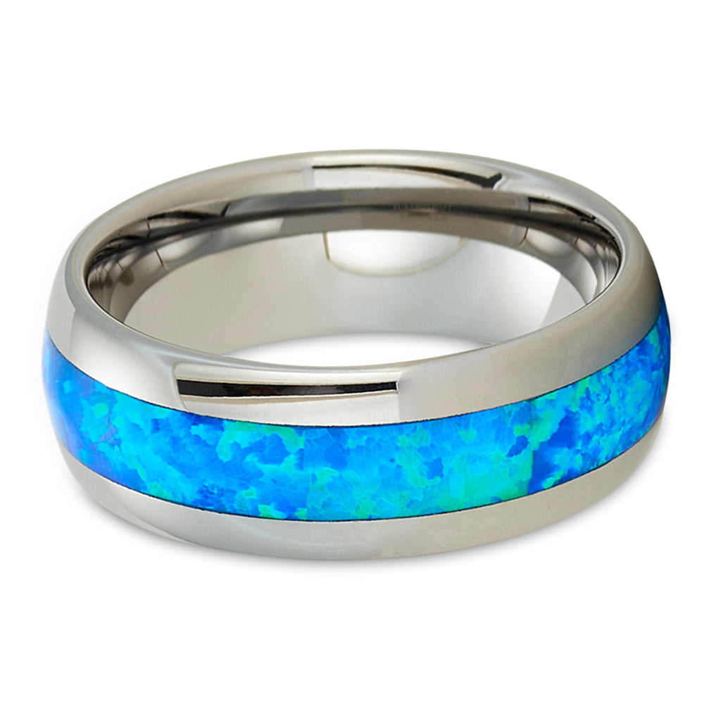 Blue Opal Wedding Ring 8mm Tungsten Ring Engagement Ring Anniversary Ring Silver
