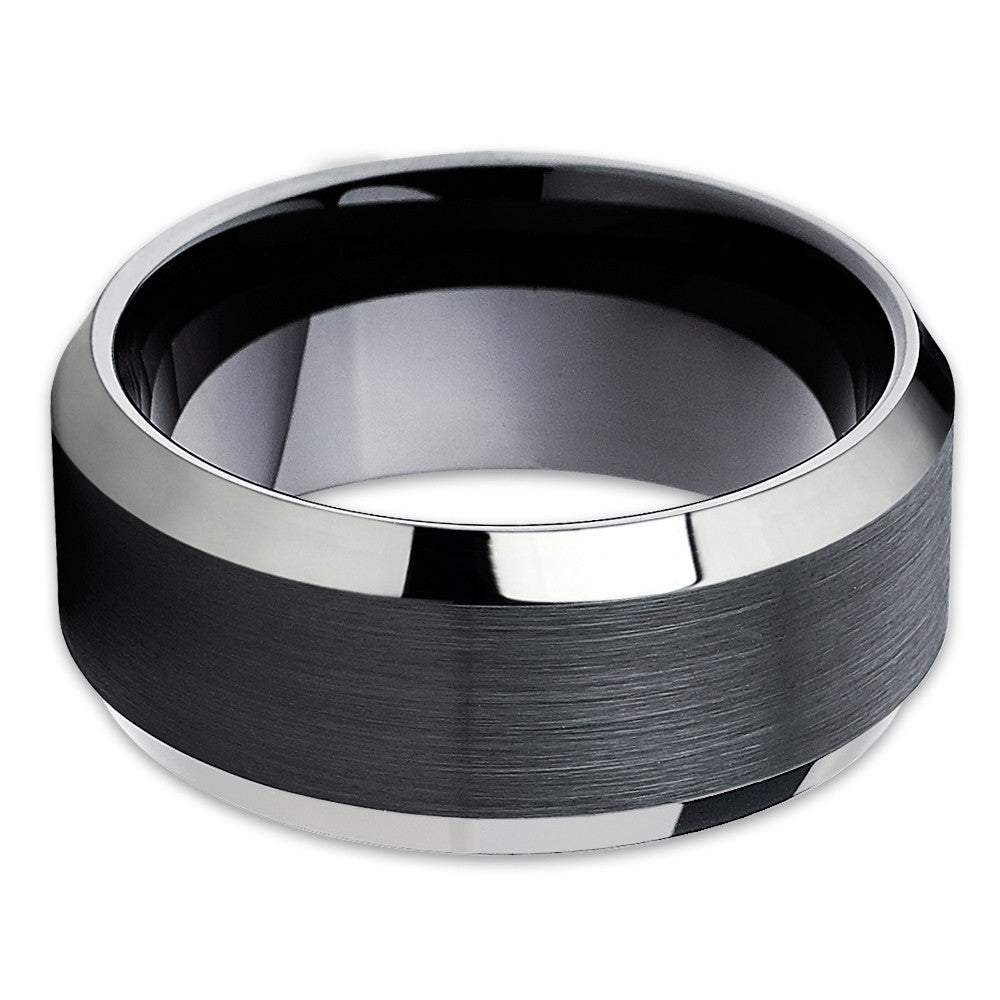 10mm Black Tungsten Wedding Ring Silver Wedding Ring Black Wedding Band