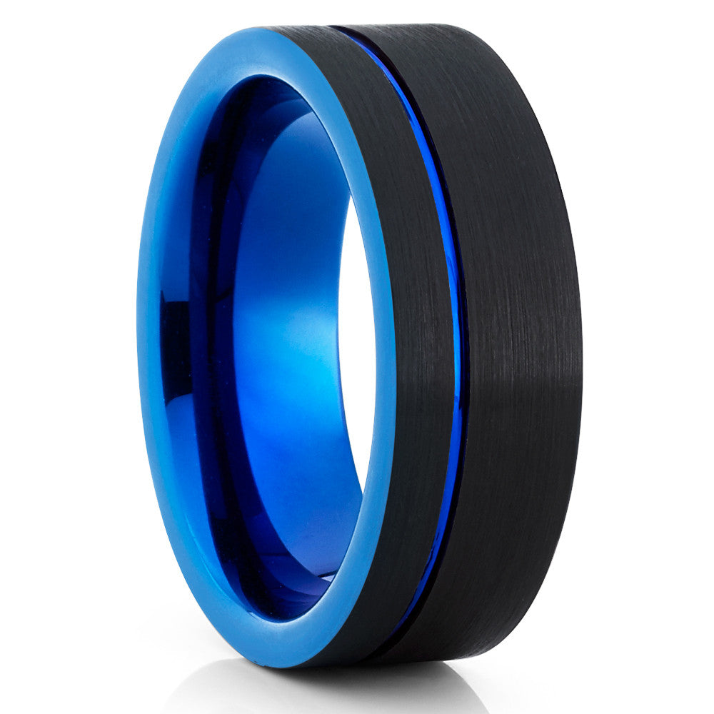 Blue Tungsten Wedding Ring Black Tungsten Ring Engagement Ring Offset Groove