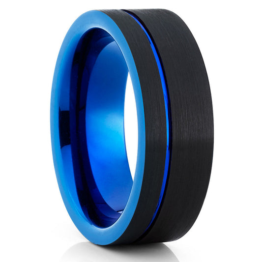 Blue Tungsten Wedding Ring Black Tungsten Ring Engagement Ring Offset Groove