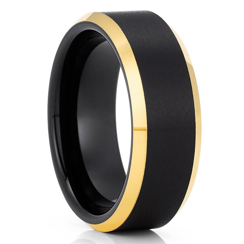 8mm Black Tungsten Ring Engagement Ring Yellow Gold Ring Anniversary