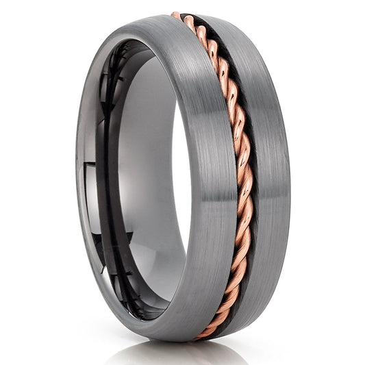 Gunmetal Wedding Ring,Braid Tungsten Ring,8mm Wedding Ring,Anniversary Ring,Rose Gold Tungsten Ring,Dome