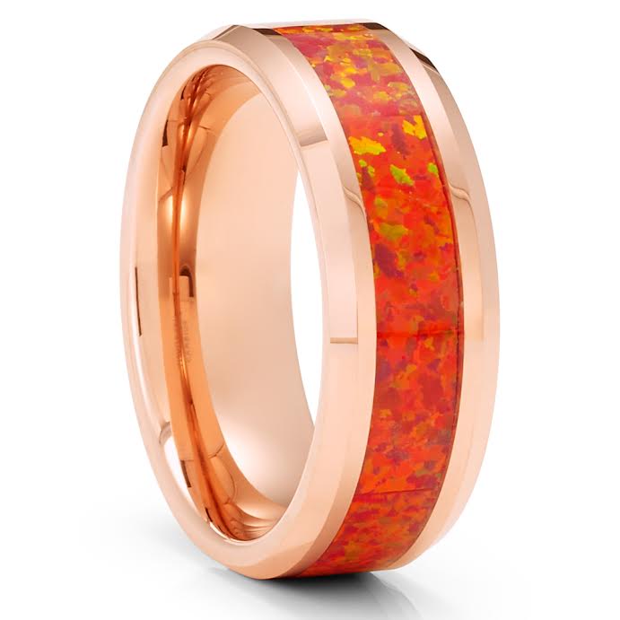 Rose Gold Tungsten Ring 8mm Opal Wedding Ring