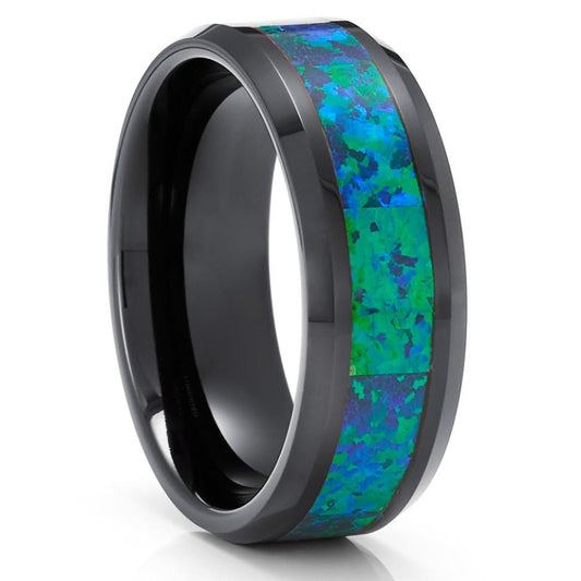 Opal Wedding Band 8mm Black Tungsten Wedding Ring