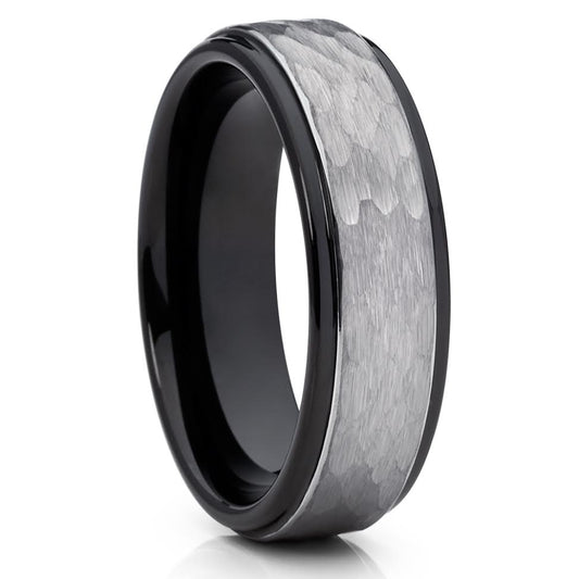 6mm Black Tungsten Ring Hammered Wedding Ring Tungsten Carbide Ring Silver