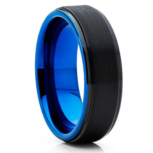 Blue Tungsten Wedding Ring 6mm Black Tungsten Ring Tungsten Carbide Ring Blue