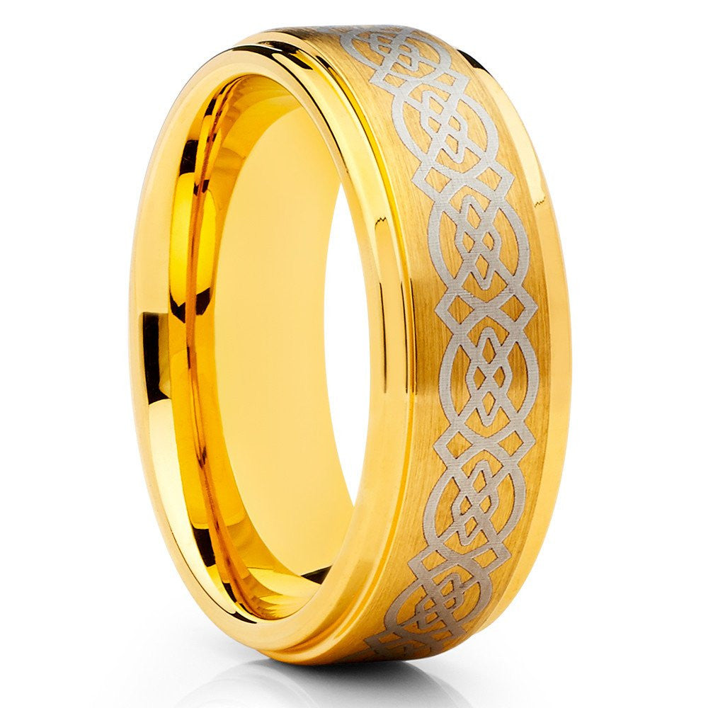 Yellow Gold Tungsten Ring Celtic Wedding Ring 8mm Wedding Ring