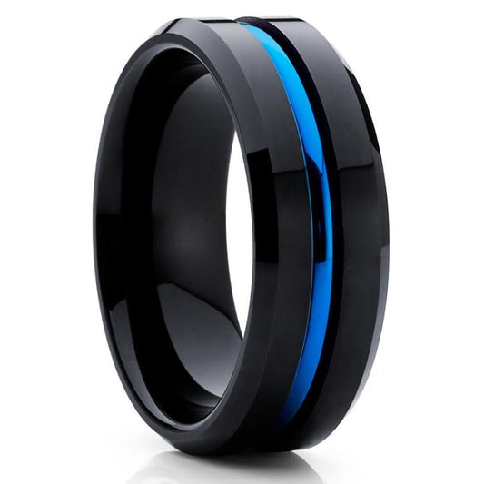 Men's Wedding Band - Black Tungsten Ring - Blue Band - Tungsten Ring - Clean Casting Jewelry 