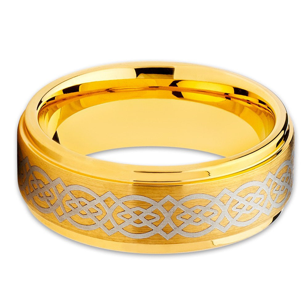 Yellow Gold Tungsten Ring Celtic Wedding Ring 8mm Wedding Ring