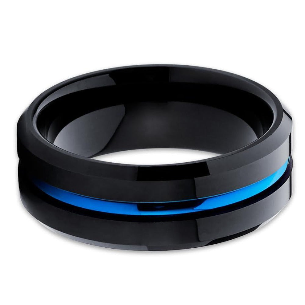 Men's Wedding Band - Black Tungsten Ring - Blue Band - Tungsten Ring - Clean Casting Jewelry 